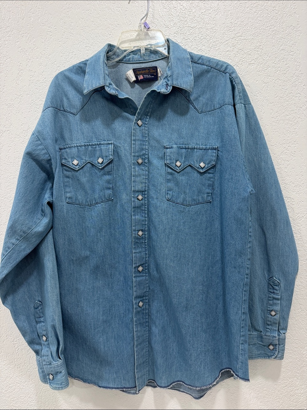 Vintage Panhandle Slim Light Blue Denim Western Button-Down Shirt Pearl Snaps L